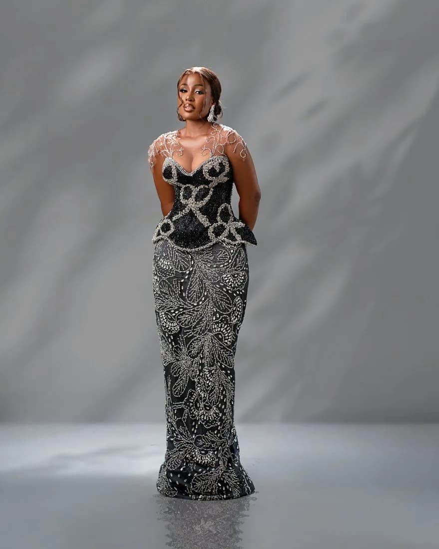 Black Crystal Gown: Beaded corset with silver crystal lace